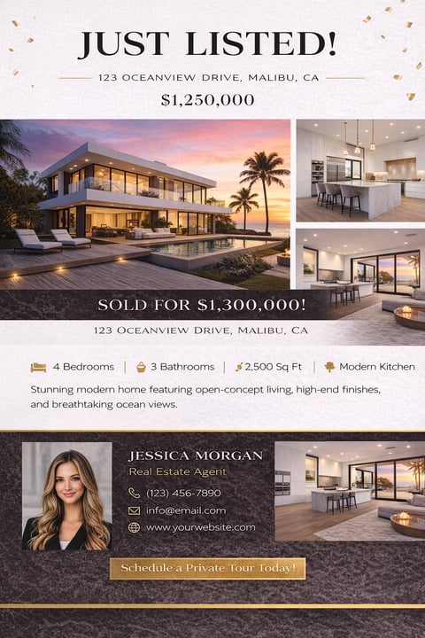 Real estate listing for 123 Oceanview Drive, Malibu, CA. Modern home with 4 bedrooms, 3 bathrooms, 2,500 sq ft, listed at $1,250,000, sold for $1,300,000