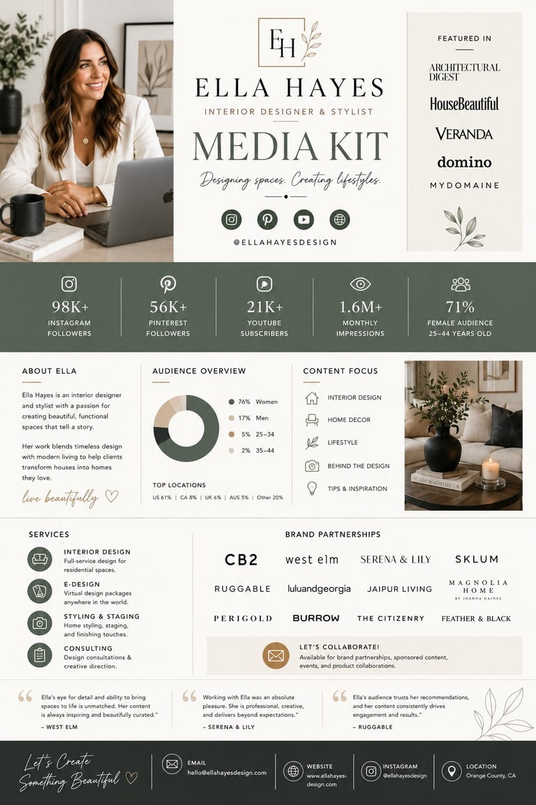 Ella Hayes Interior Designer Media Kit showcasing portfolio, audience metrics, services, and brand partnerships on professional one-page layout