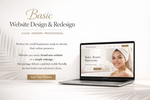 Website design mockup for Basic package showing spa website displayed on laptop with tagline Relax. Renew. Rejuvenate and Start Your Website button