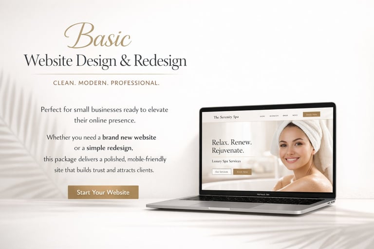 Website design mockup for Basic package showing spa website displayed on laptop with tagline Relax. Renew. Rejuvenate and Start Your Website button