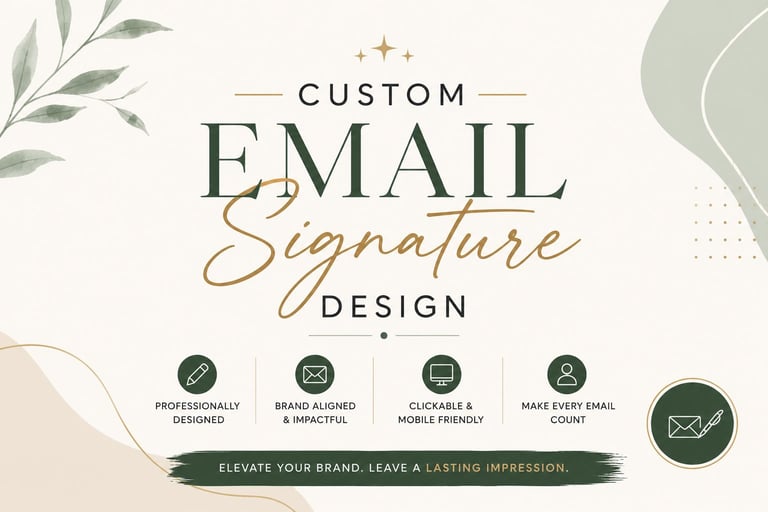 Custom Email Signature Design service featuring professionally designed templates with brand alignment, mobile-friendly clickable elements, and contact counting capabilities