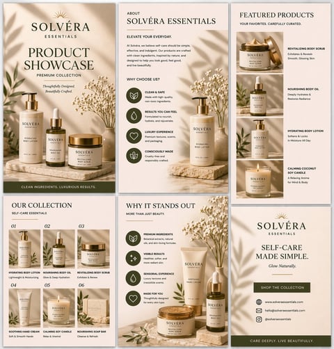 Solvera Essentials product showcase brochure displaying skincare collection with bottles, jars, and botanical elements on beige background