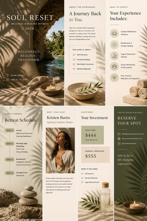 Soul Reset wellness retreat brochure showing schedule, meditation, yoga, host Kristen Burns, pricing, and amenities in earthy tones