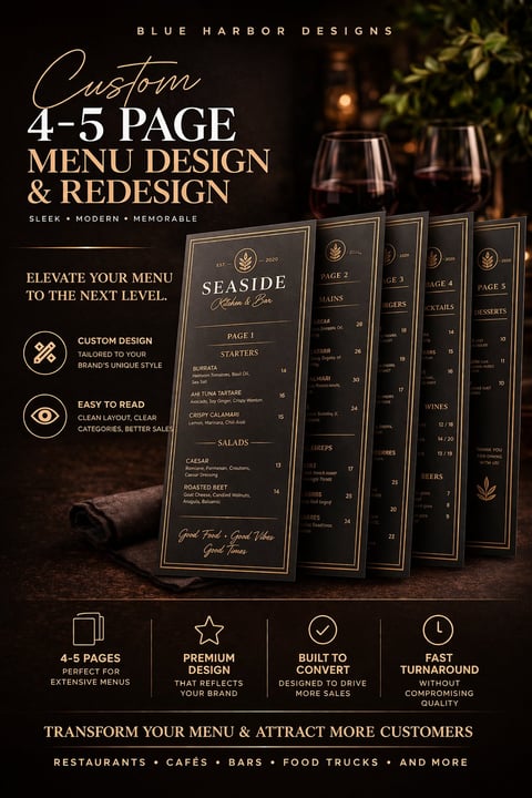 Premium custom 4-5 page menu design service by Blue Harbor Designs featuring elegant black menus with gold accents displayed with wine glasses