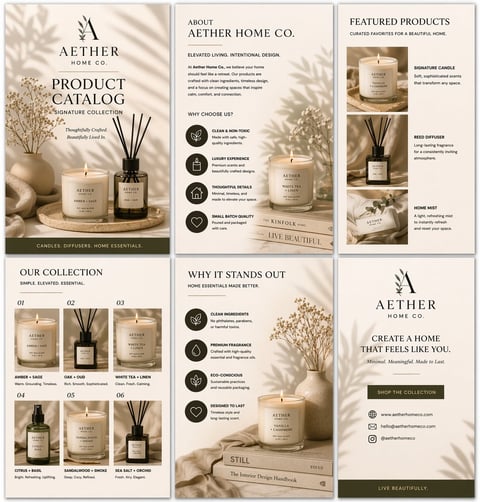 Aether Home Co. product catalog brochure featuring candles, diffusers, and home essentials with beige aesthetic and product collection pages