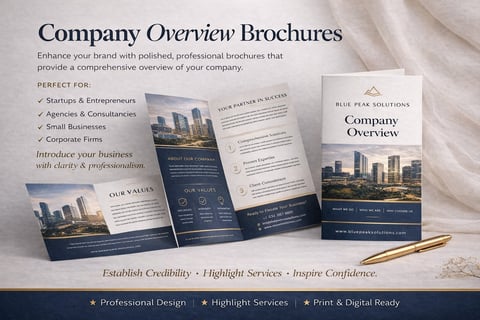 Professional company overview brochure designs featuring blue and gold accents with cityscape imagery, displayed as tri-fold and single-page formats