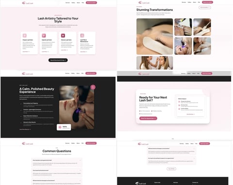 Screenshot grid of a beauty lash services website featuring sections on lash artistry, transformations, brand experience, FAQs, and booking information with pink and black design theme