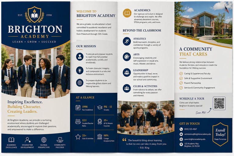 Brighton Academy trifold brochure featuring school mission, academics, community values, student photos, and contact information