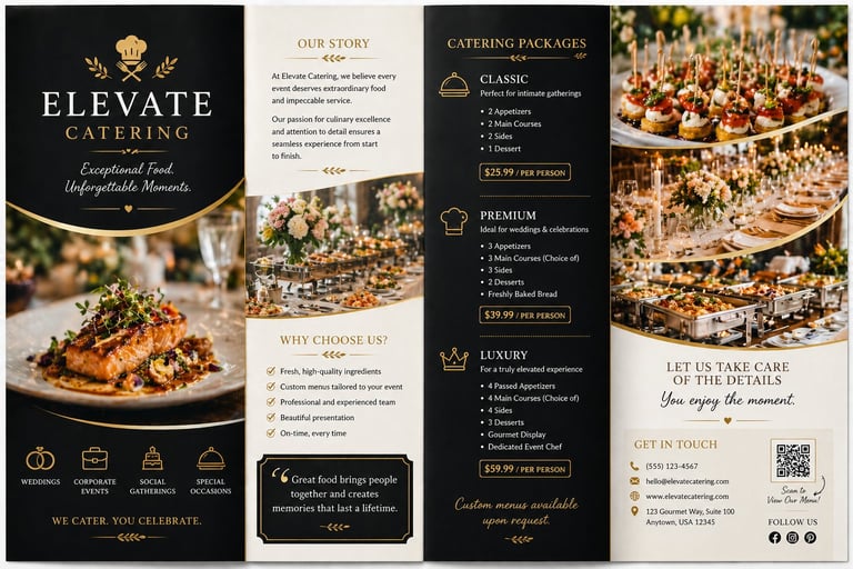 Elevate Catering marketing brochure showcasing gourmet food, pricing packages, and contact information for event catering services