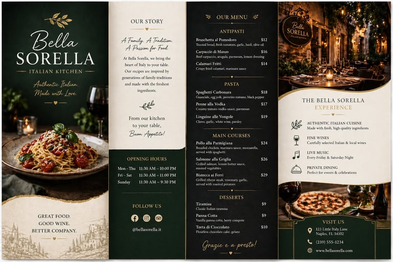 Bella Sorella Italian Kitchen tri-fold menu featuring pasta dishes, opening hours, and restaurant details with warm lighting photographs