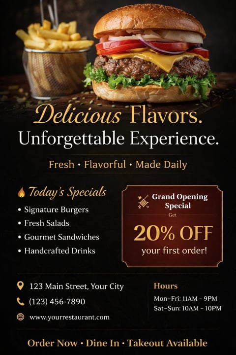 Restaurant promotional poster featuring a cheeseburger with fries, advertising fresh daily cuisine and 20% off grand opening special
