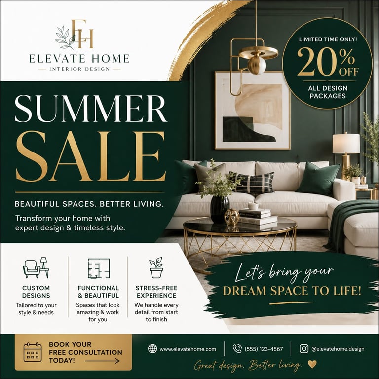 Summer sale promotional flyer for Elevate Home Interior Design featuring 20% off design packages with modern living room interior