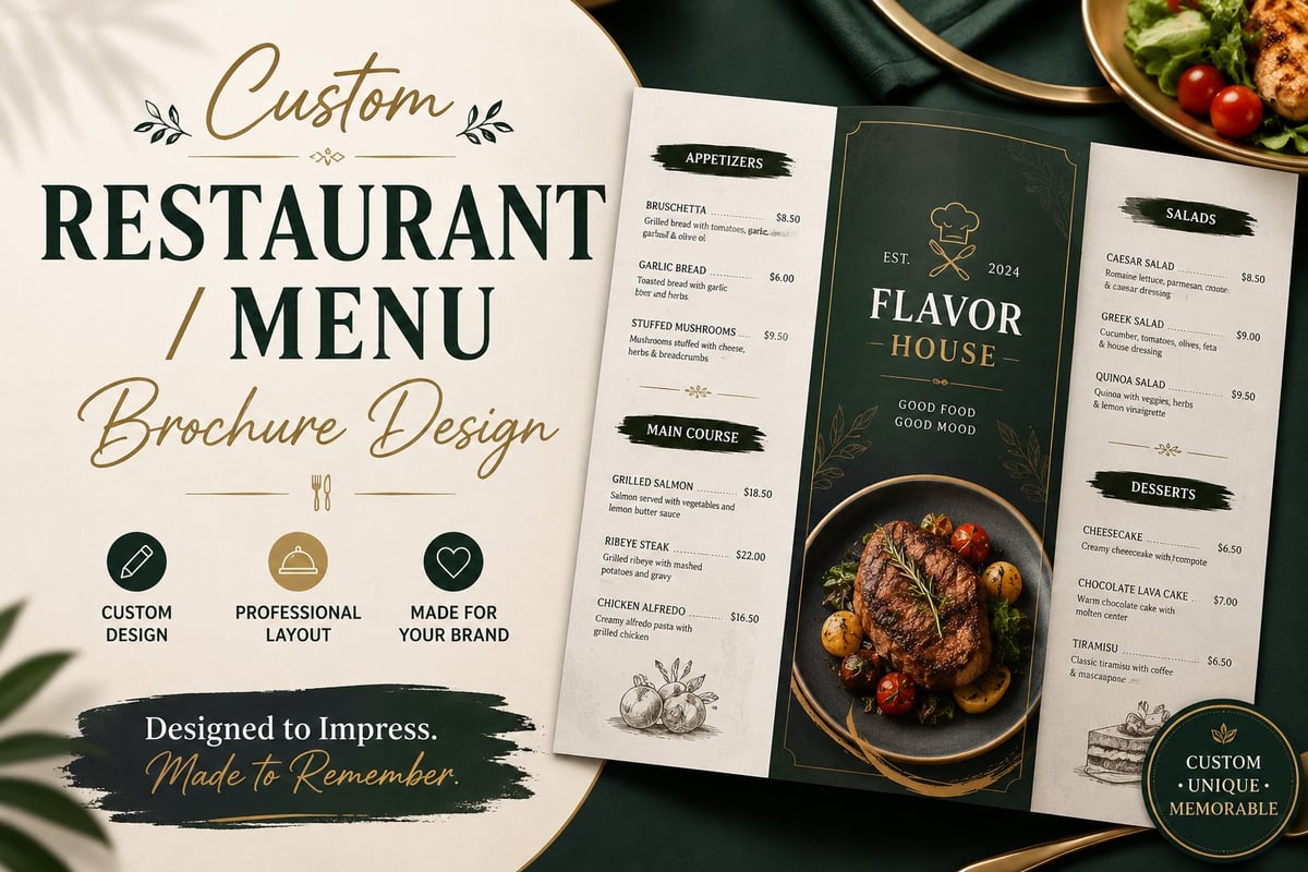 Custom restaurant menu brochure design template featuring elegant layouts with food photography, menu items, and professional branding elements