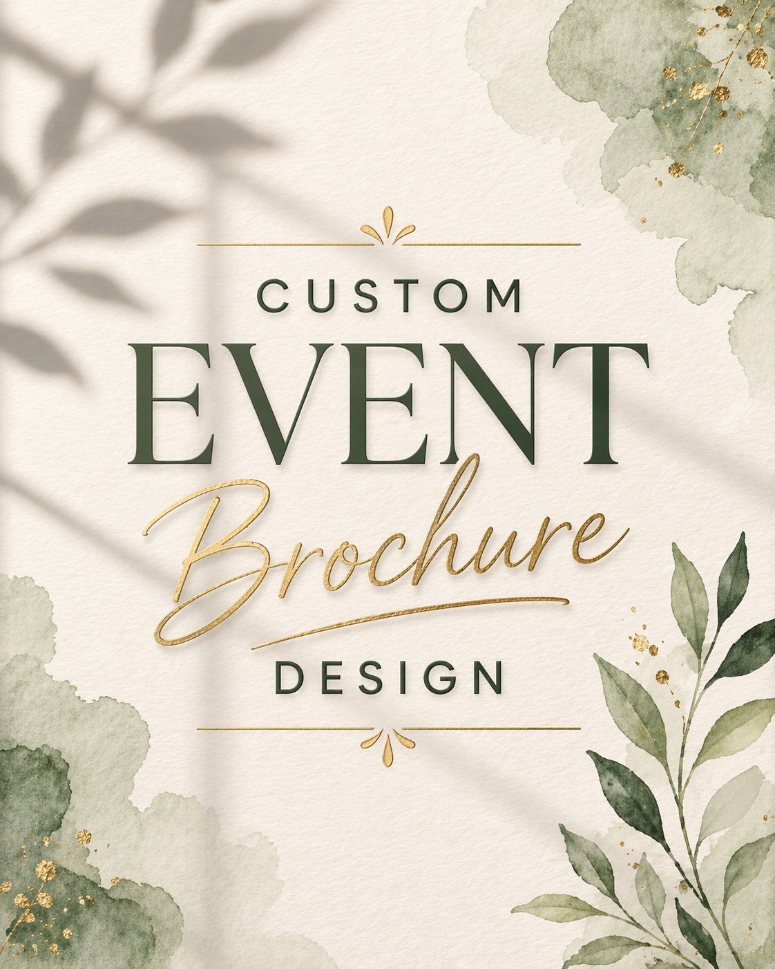 Custom event brochure design template with elegant typography, botanical watercolor illustrations, and gold accents on cream background