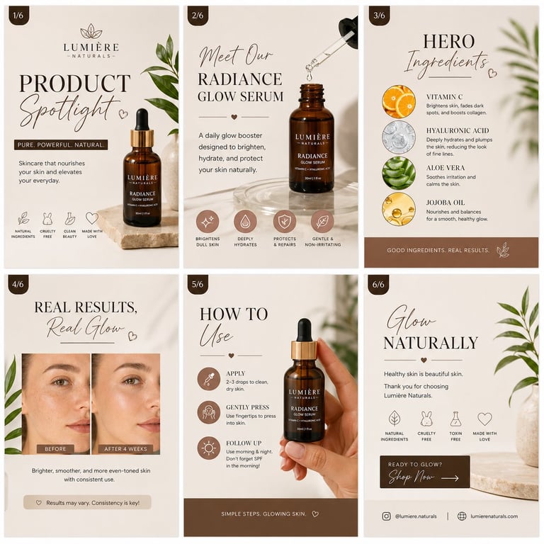 Skincare product marketing grid showcasing Lumiere Radiance Glow Serum with before/after results, ingredient highlights, and application instructions
