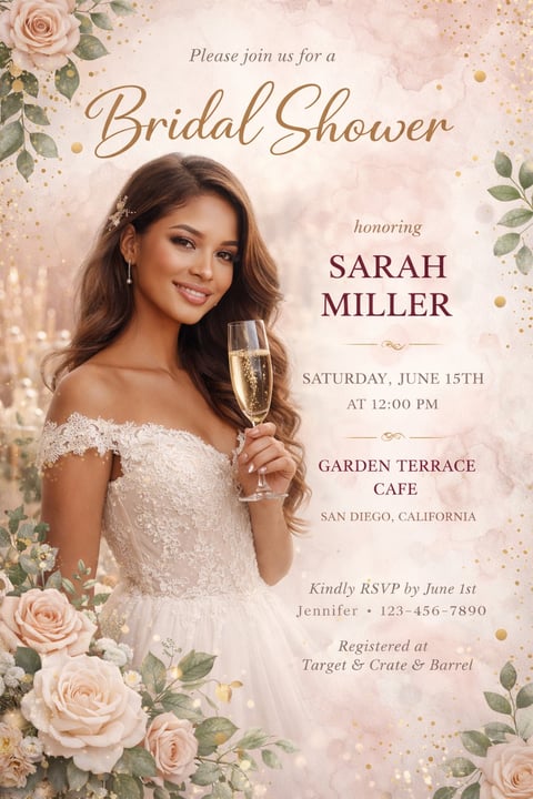 Bridal shower invitation for Sarah Miller featuring a woman in a white beaded dress holding champagne, surrounded by pink roses and gold accents