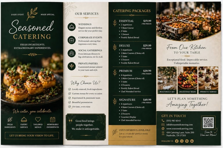 Seasoned catering brochure displaying services, packages, pricing, and food photography with contact information and social media details
